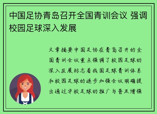 中国足协青岛召开全国青训会议 强调校园足球深入发展